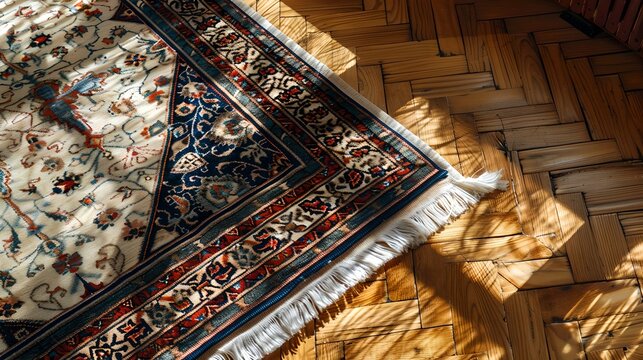 Elegant Persian carpet laid on a wooden floor under natural light. Home decor and interior design. Warm ambiance. Cozy living space highlighted by sunlight. AI