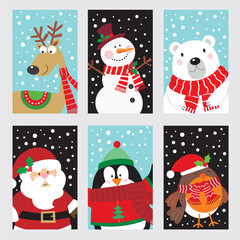 Christmas card design with santa, bear, reindeer, snowman, penguin and robin bird