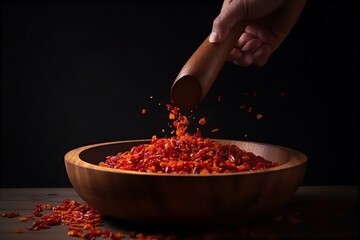 chilli, flakes, poured, wooden, dish, food, spice, red, seasoning, kitchen, cooking, flavor, hot