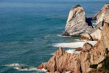 cliff in blue ocean at Cape Roca coastline in Portugal  - 771250276