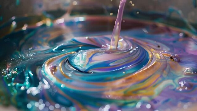 A closeup of a paint mixer creating a unique swirl pattern in a batch of custom metallic paint.
