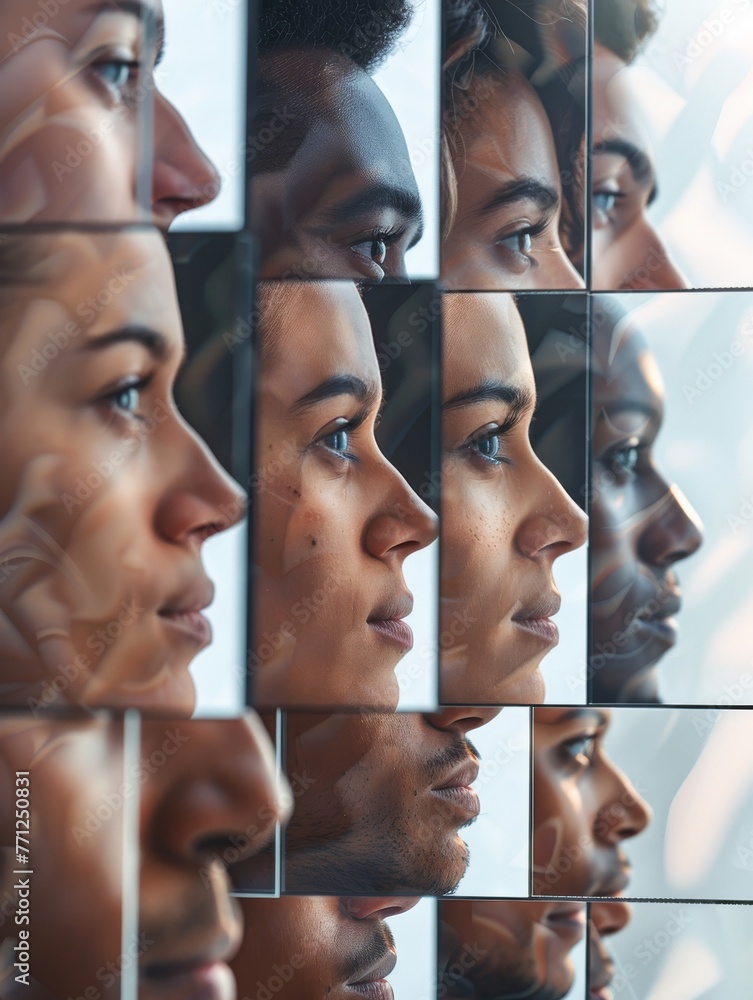Poster faces reflections symmetry abstract artistic surreal multiple crowd mirror image