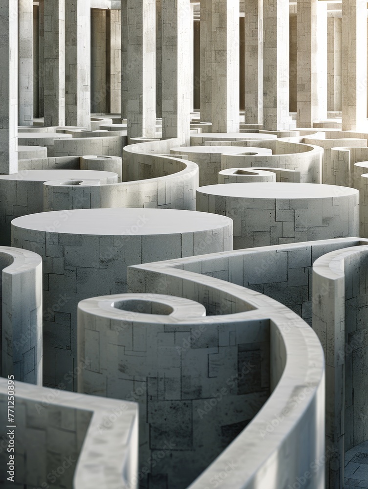 Poster a maze of tables and podiums in a structured environment - interactive design concept