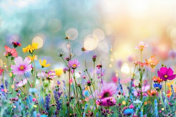 Eine Blumenwiese mit vielen verschiedenen bunten Blumen, leuchtender Bokeh Hintergrund 