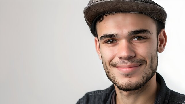Smiling Young Man in Flat Cap, Casual Style Portrait. Confident Male Model Posing, Simple Clean Background. Eye-Catching Stock Photo. AI