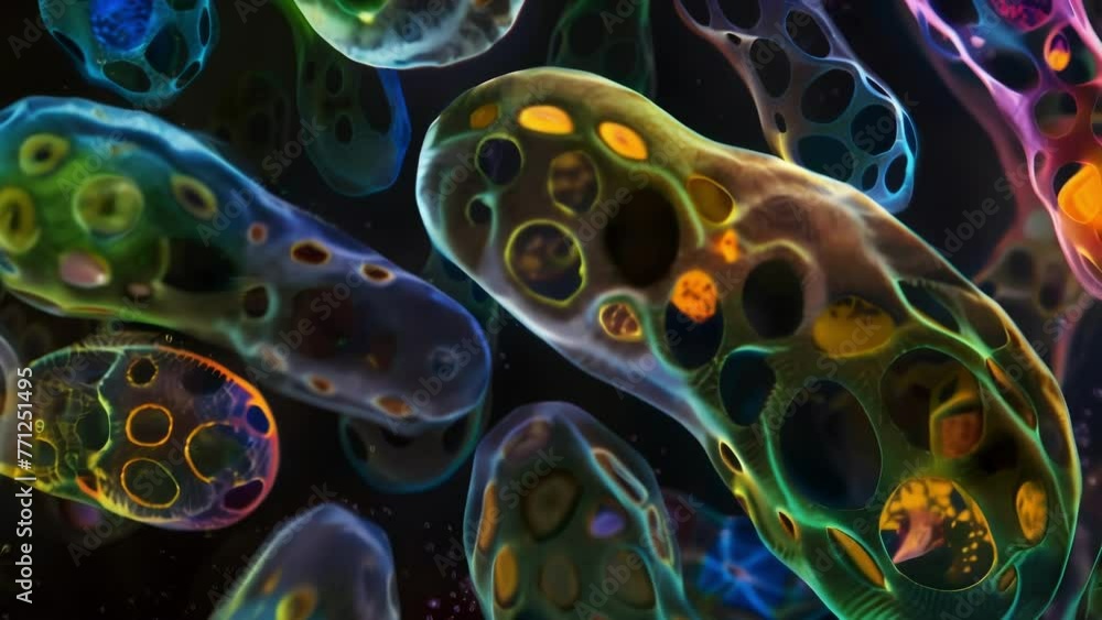 Poster a series of stained images capturing the different stages of a mitochondrions journey from its forma