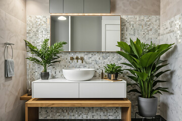 Photo of a washbasin on a cupboard in a bathroom interior with tiles, mirror and plants