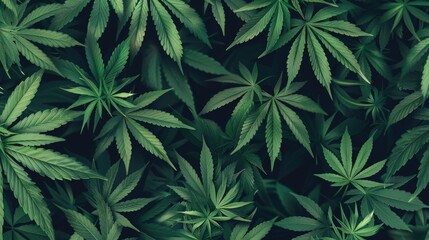 Dark green Cannabis Sativa plant leaves creating a dense, textured background. - obrazy, fototapety, plakaty