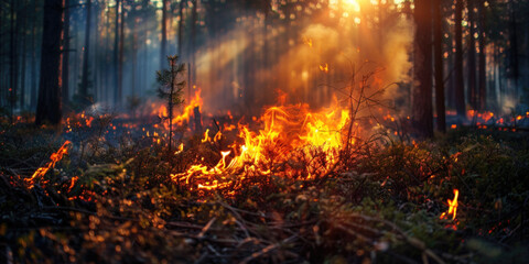 Ecological catastrophe concept. Wildfire forest fire in the afternoon. Grass and trees are burning. Grass is burning in meadow. Fire and smoke destroy all life