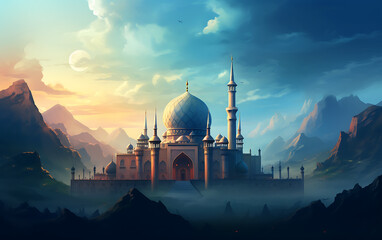 Ramadan Kareem background with mosque and moon. Vector illustration. - obrazy, fototapety, plakaty