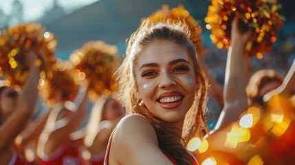 group of cheerleaders dancing with pom-poms - obrazy, fototapety, plakaty