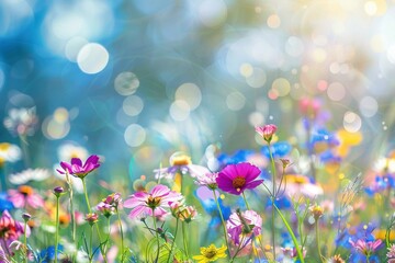 Eine Blumenwiese mit vielen verschiedenen bunten Blumen, leuchtender Bokeh Hintergrund 