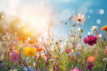 Foto op Plexiglas Eine Blumenwiese mit vielen verschiedenen bunten Blumen, leuchtender Bokeh Hintergrund  © Herzog