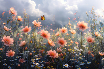 Fototapeta na wymiar A serene field bursts into color with blooming flowers, while butterflies dance gracefully under a tranquil cloudy sky, painting a picture of nature's quiet splendor.