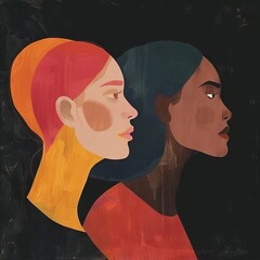 An abstract illustration of two women. One white. One Black. side profile. 