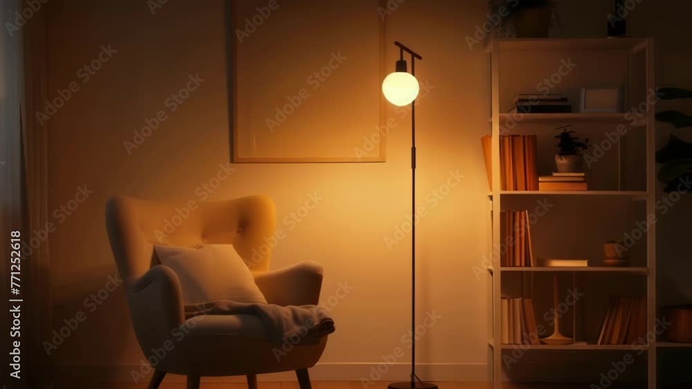 Poster a cozy reading nook with a minimalist white armchair a small bookshelf and a floor lamp casting a so