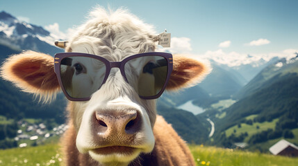 Funny cow with sunglasses  - obrazy, fototapety, plakaty