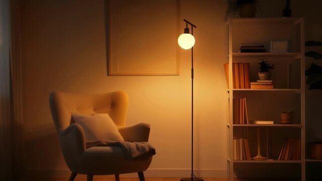 A cozy reading nook with a minimalist white armchair a small bookshelf and a floor lamp casting a soft glow. . .