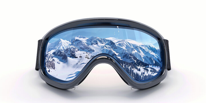Ski goggles with reflection of mountains on white studio background poster banner. Winter active travel snowboarding skiing concept