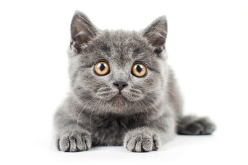 Eine s&uuml;&szlig;e liegende graue Katze mit gro&szlig;en Augen, wei&szlig;er Hintergrund 