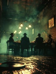 "Secret Meeting at Speakeasy: Illicit Gathering in Back Room"