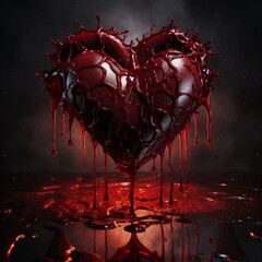 Bloody heart in burgundy color liquid drain and splash on dark background