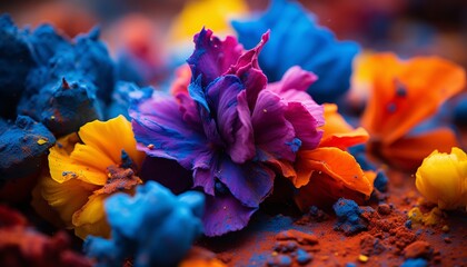 abstract background featuring vibrant, colorful flowers splattered with paint
