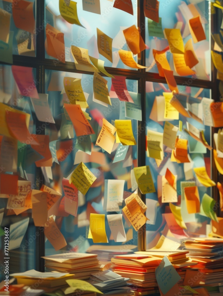 Aufkleber chaotic creative workspace with colorful sticky notes brainstorming session