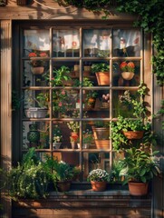 Fototapeta na wymiar Charming Window Display Showcasing Beauty of Flowers and Nature.