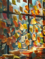 Chaotic Creative Workspace with Colorful Sticky Notes Brainstorming Session