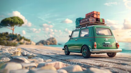 Obraz premium Funny orange retro car with summer vacation accessory on green background 3D Rendering, 3D Illustration