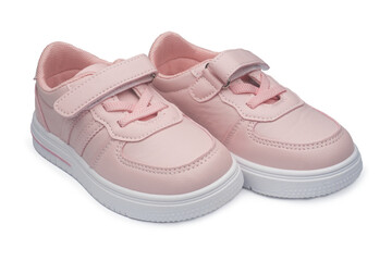 pink leather sneakers on isolated on a white background. children's sports shoes