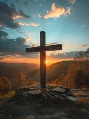 Peaceful cross of Christ at sunrise, warm autumn colors, spiritual vibe