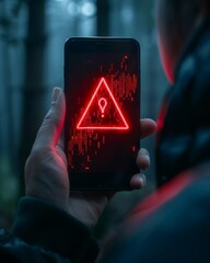 Phone screen displaying SMS scam warning, digital threats concept, sharp focus, alert symbol visible