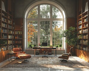 Quiet coworking library, focused atmosphere, booklined walls, tranquil study, clear morning , octane render