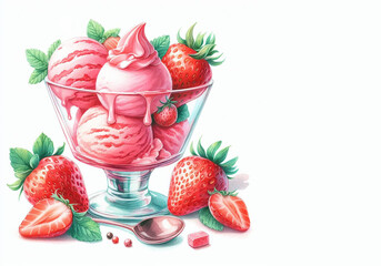 Various colorful strawberry ice cream cone watercolor painting clipart style summer concept on white background