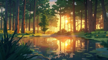 Sunset in Forest Painting