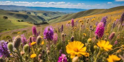 A vibrant tapestry of wildflowers nestled at the foot of rolling hills, the landscape alive with the buzz of honeybees, generative AI