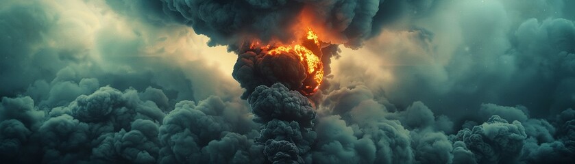 Black smoke cloud from oil refinery fire, explosive scene, high contrast, wide angle, industrial backdrop