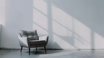 Modern minimalist interior with armchair and shadows. Stylish home design, simplicity and elegance in furniture. Contemporary decor trends. AI - obrazy, fototapety, plakaty
