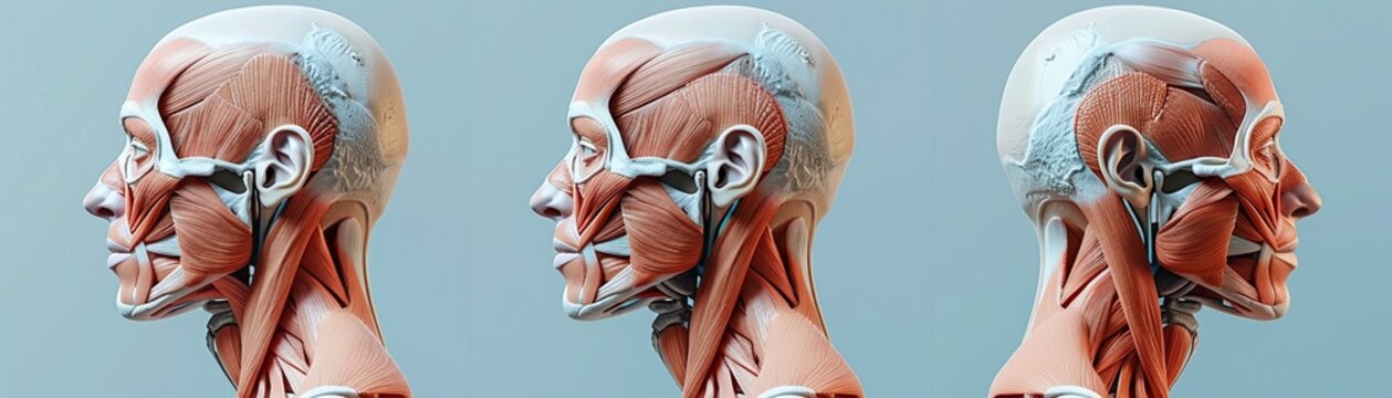 Anatomical render of face muscles during expressions, detailed cross section, expressive anatomy