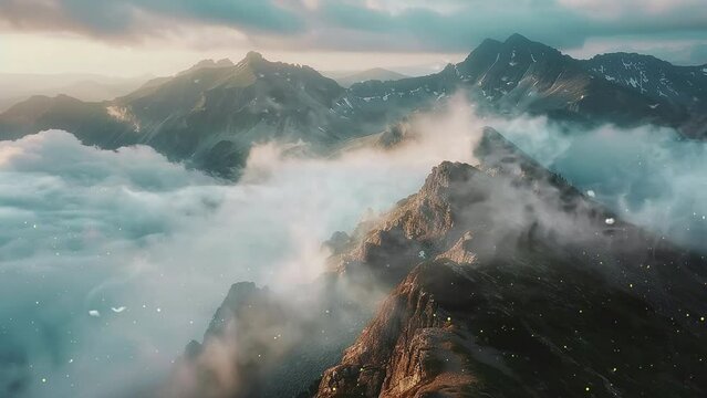 beautiful nature scene with foggy rocky mountains range and clouds sunset landscape . seamless looping overlay 4k virtual video animation background