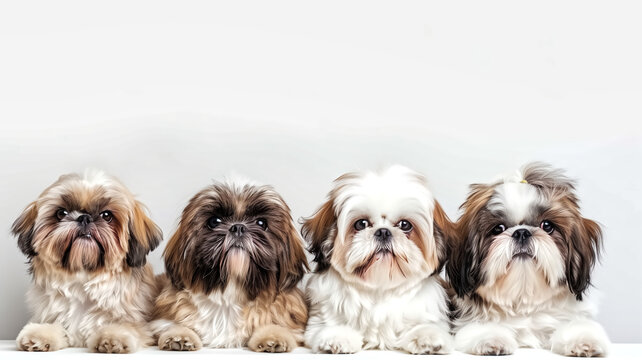 A wallpaper photo of Shih Tzu dogs on a white background.