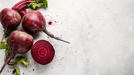 Isolated beetroot. One fresh red beet with leaves and a half isolated on white background. Fresh homegrown beetroots, plant based food. Cut beets as background. Backdrop, Single young beetroot. - obrazy, fototapety, plakaty
