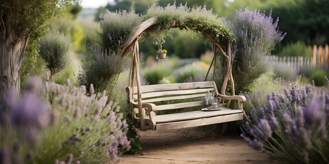 A whimsical garden where lavender and thyme grow wild, with a weathered swing swaying gently in the fragrant breeze, generative AI - obrazy, fototapety, plakaty