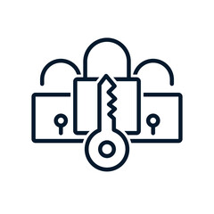 Padlock, key. Concept is the key to the security system. Vector linear icon isolated on white background.