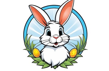 Fototapeta premium illustration of a white bunny with a sunny backdrop, flanked by Easter eggs and green leaves.