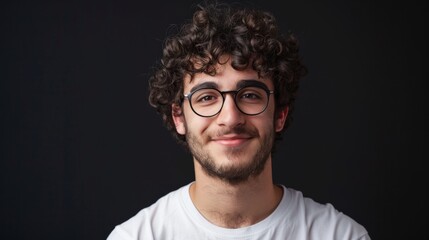 Obraz premium Smiling Man With Curly Hair and Glasses