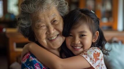Asian grandmother and granddaughter hugging each other. Smiling at the camera. Shot in a home environment.Generative AI illustration - obrazy, fototapety, plakaty