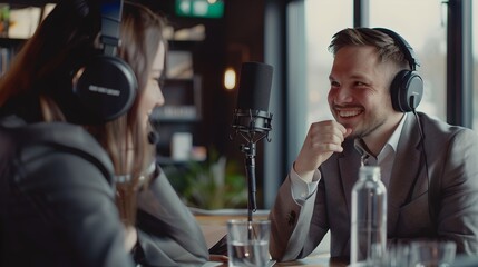 Smiling man in a podcast interview with a female host in a modern studio. Casual professional setting captured. Engaging and lively conversation. Informative and stylish scene. AI